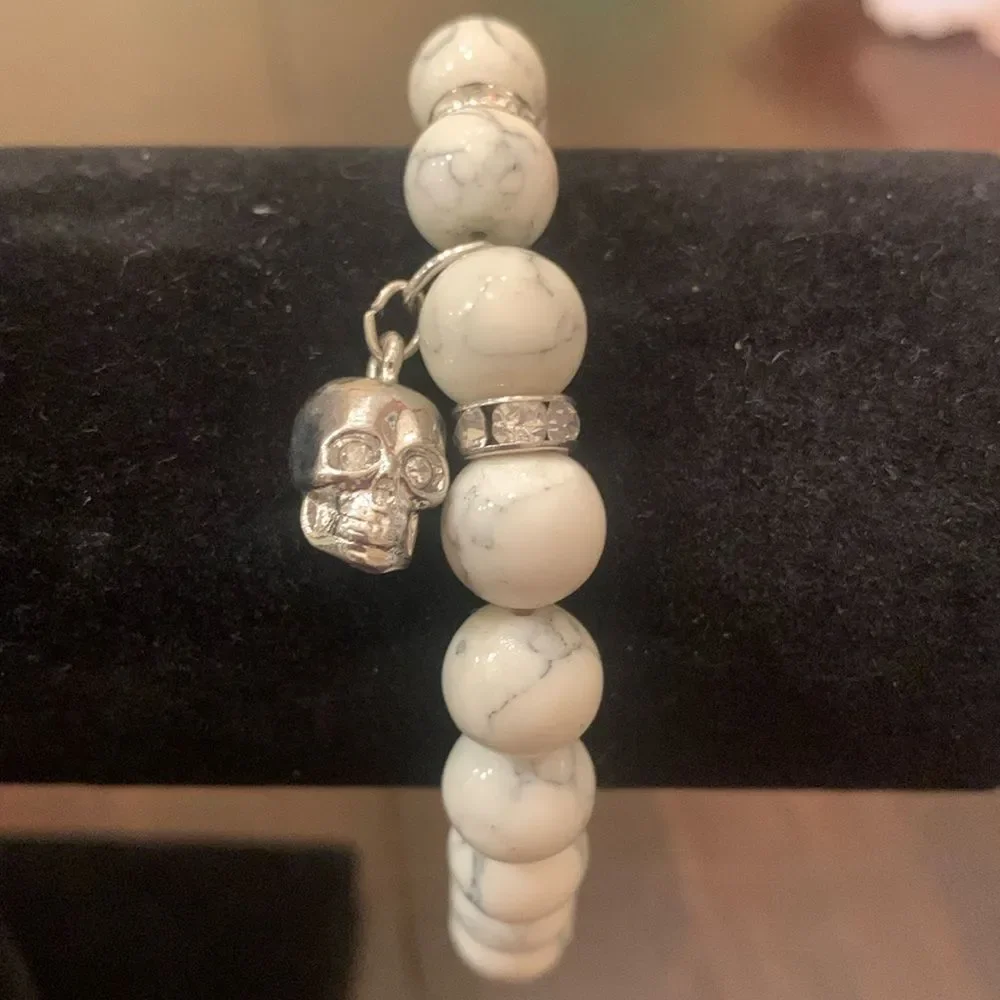 Large White Marble stretch bracelet with Skull Charm